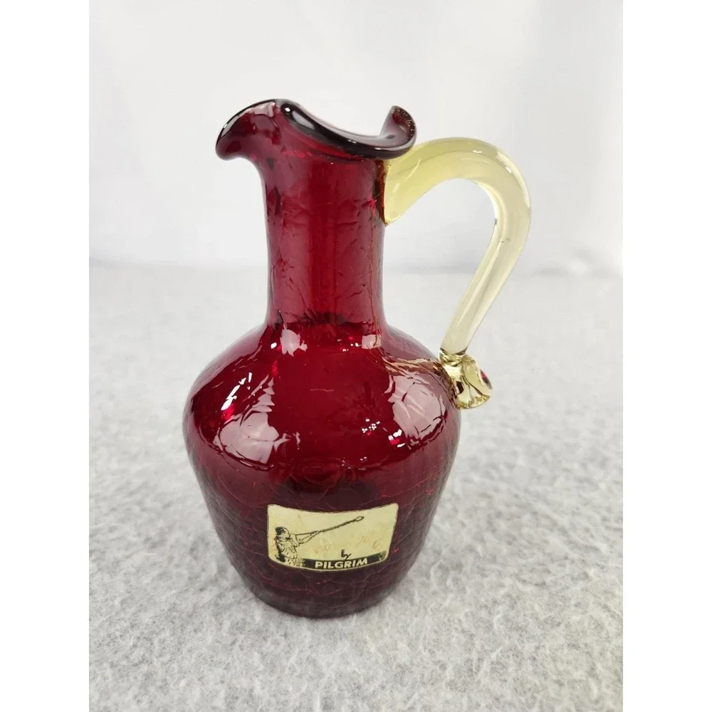 Vtg Pilgrim Handmade Crackle Ruby Red‎ Glass Gold Handled Pitcher Vase Sticker